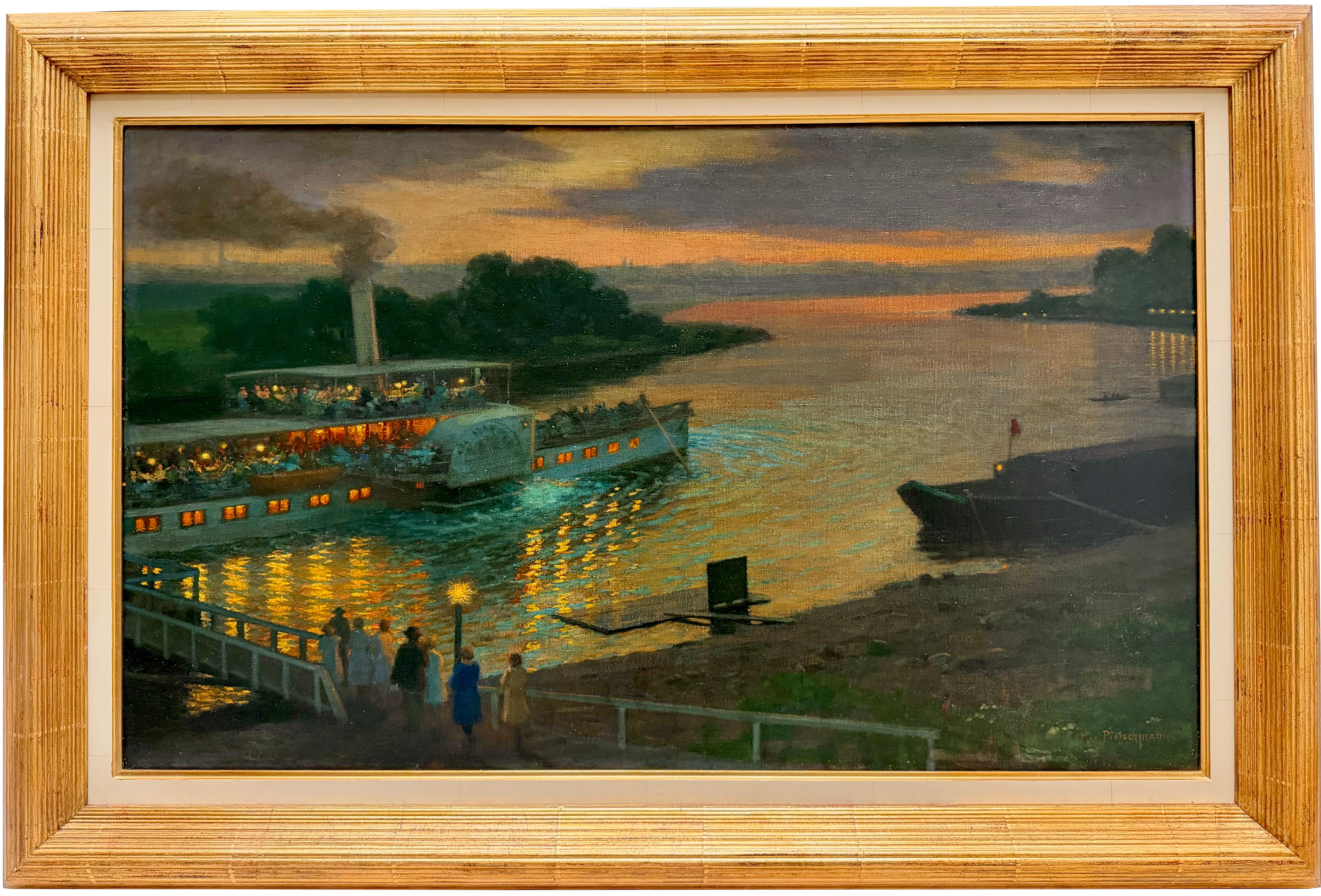 Ernst Max Pietschmann
1865 – Dresden – 1952
German Painter

'Moonlit Reflections on the Elbe at Pillnitz'

Signature: signed lower right ‘Max Pietschmann’
Medium: oil on canvas
Dimensions: image size 59,5 x 98 cm; frame size 78,5 x 117