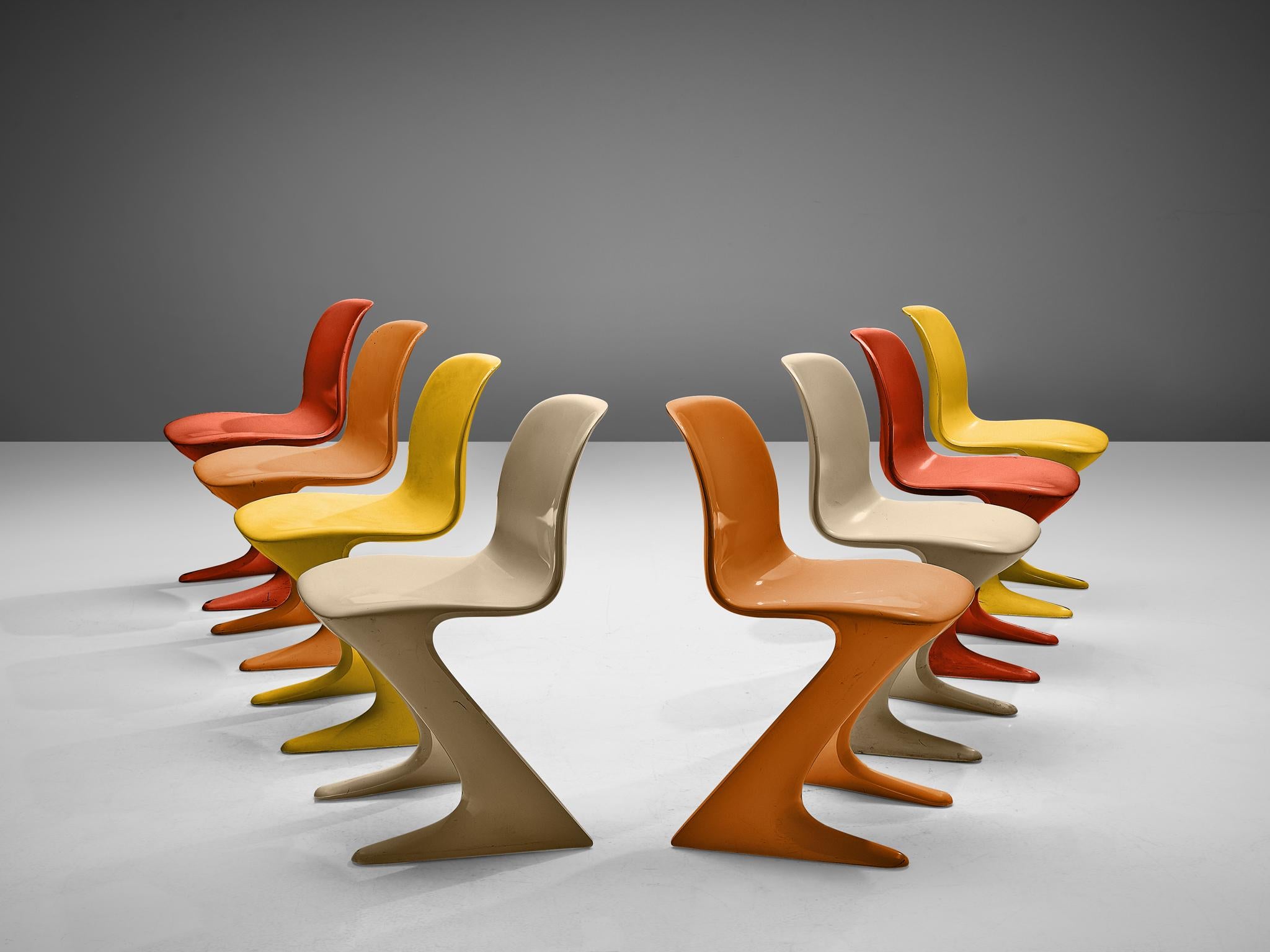 Ernst Moeckl for Trabant, set of eight 'Z' chairs, fiberglass, Germany, 1968

This set of Kangaroo chairs is designed by Ernste Moeckl in 1968. The chair is also called the Z-chair, referring to its shape. During the period of the Iron Curtain, the