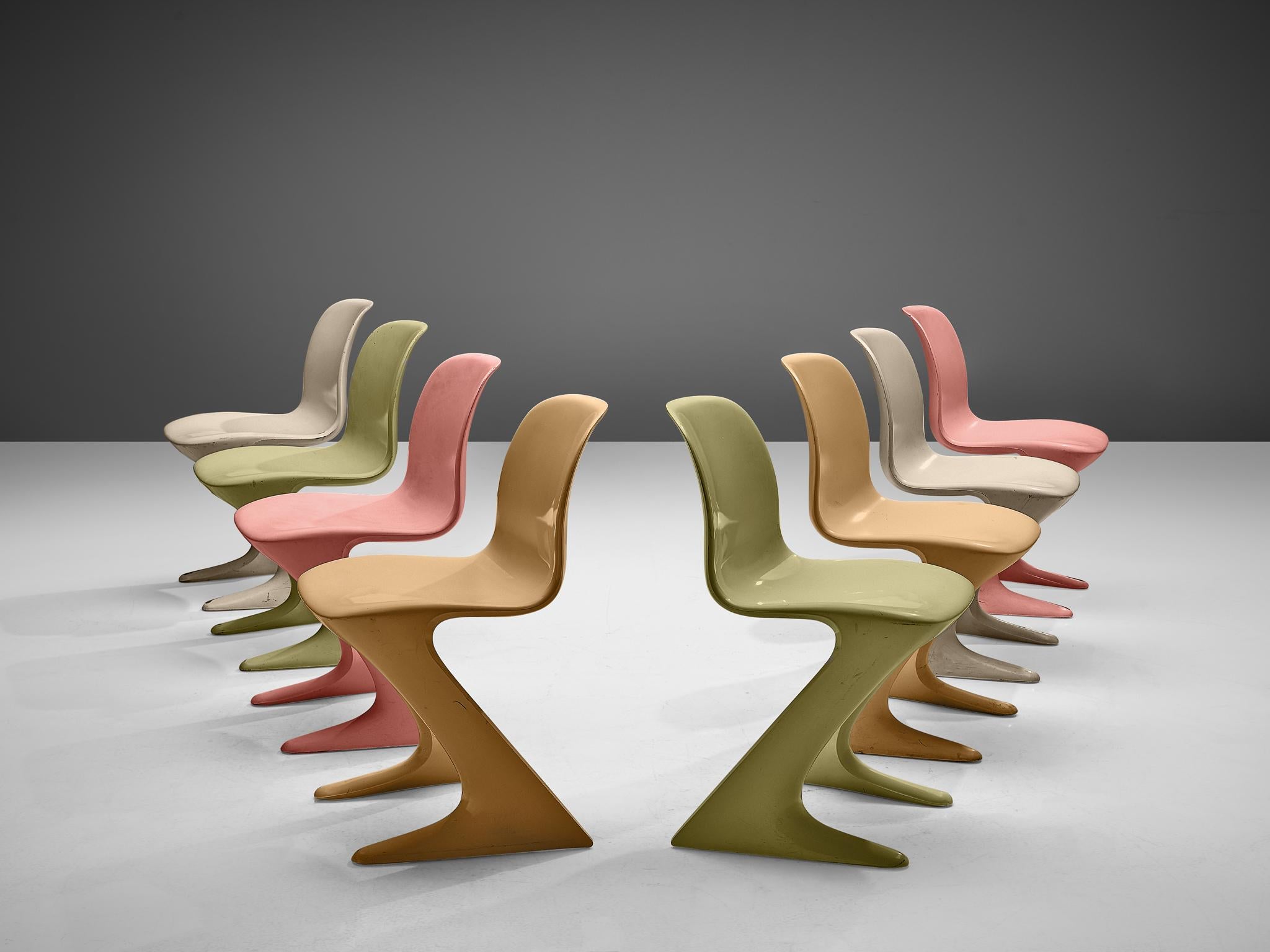 Ernst Moeckl for Trabant, set of eight 'Z' chairs, fiberglass, Germany, 1968

This set of pastel colored Kangaroo chairs is designed by Ernste Moeckl in 1968. The chair is also called the Z-chair, referring to its shape. During the period of the