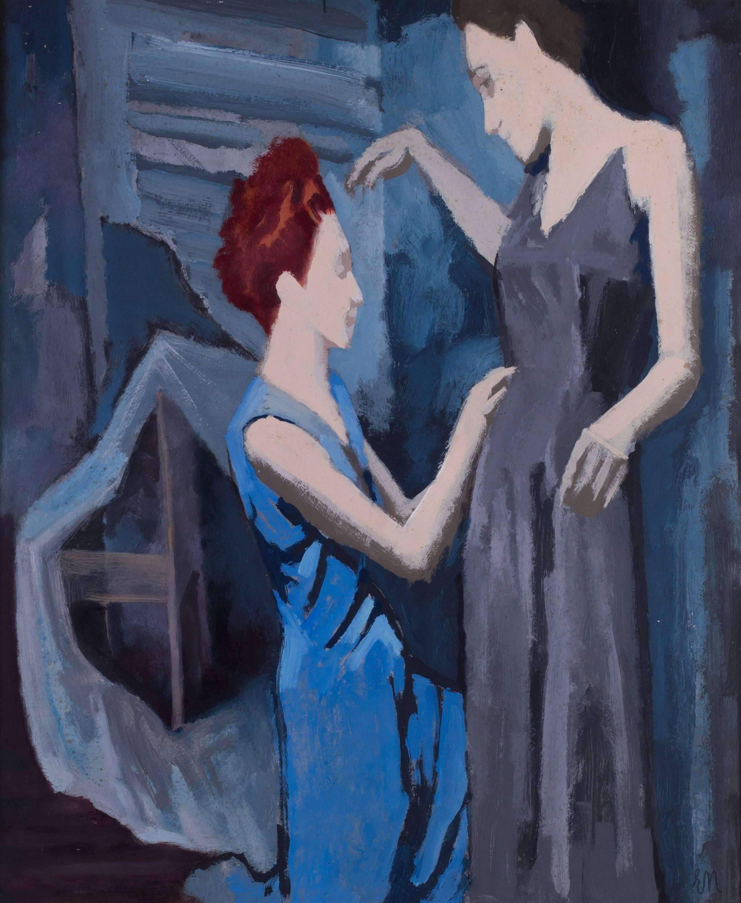 Early 20th Century Czech Expressionist oil painting by Ernest Neuschul, blue - Painting by Ernst Neuschul