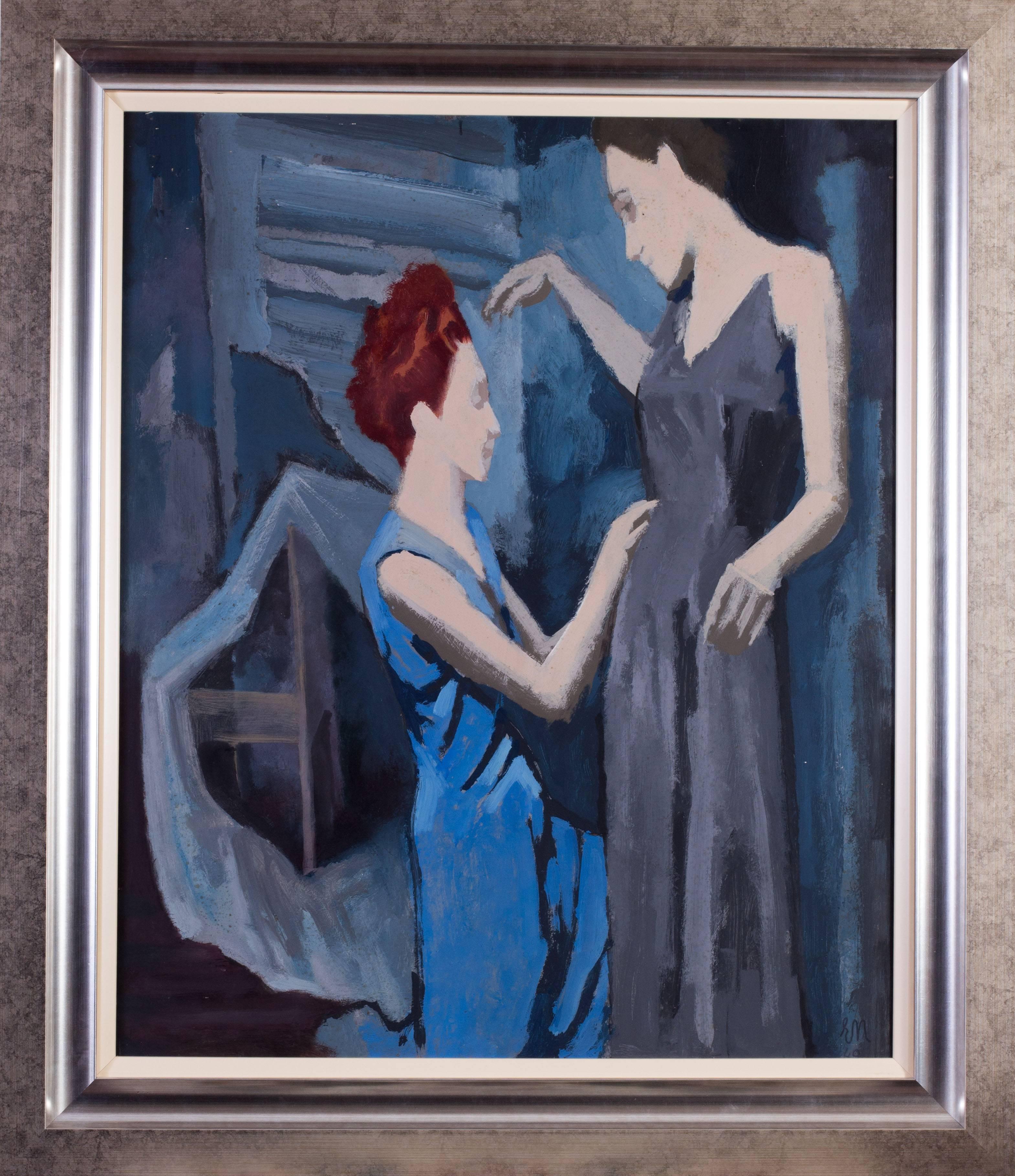 Ernst Neuschul Figurative Painting - Early 20th Century Czech Expressionist oil painting by Ernest Neuschul, blue