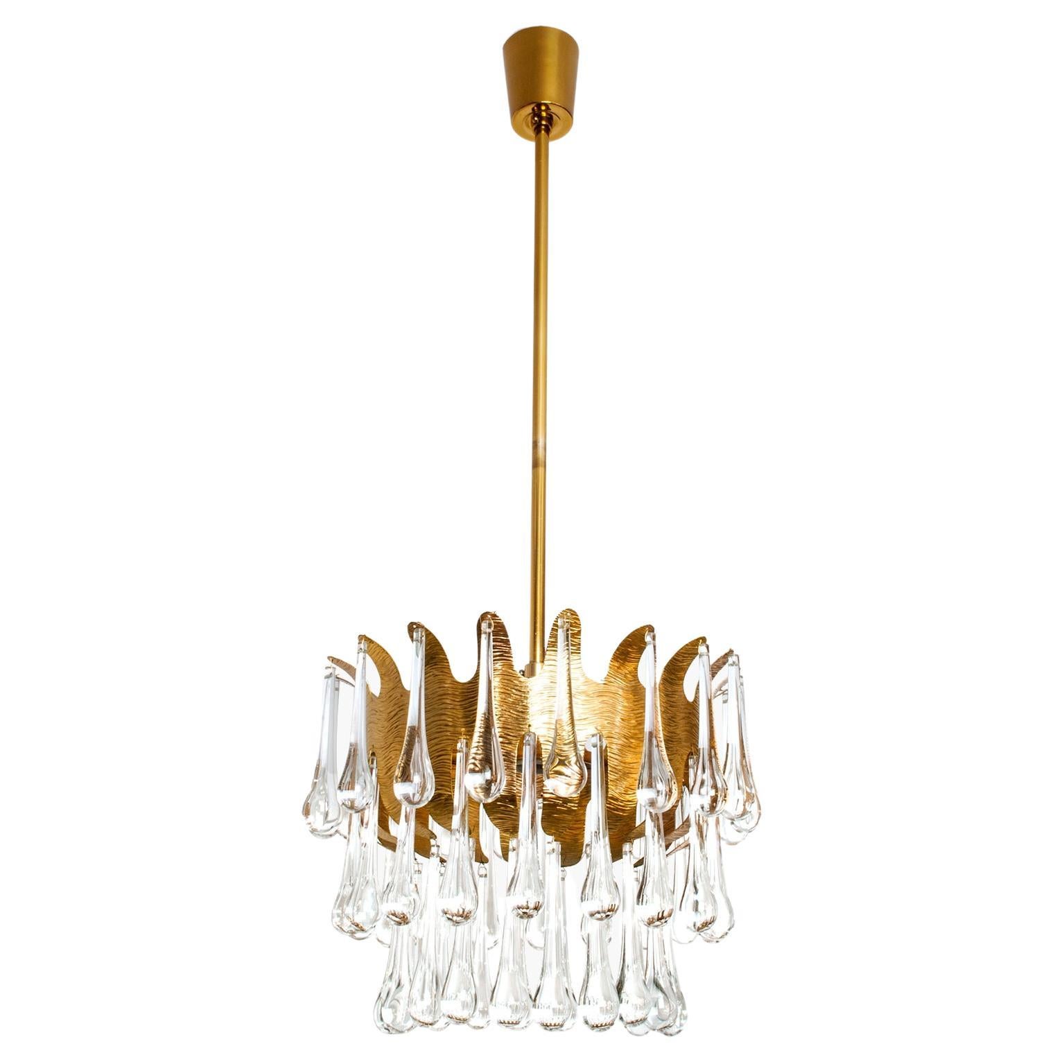 Ernst Palme for Palwa Gold Plated Metal and Crystal Mid-Century Chandelier For Sale
