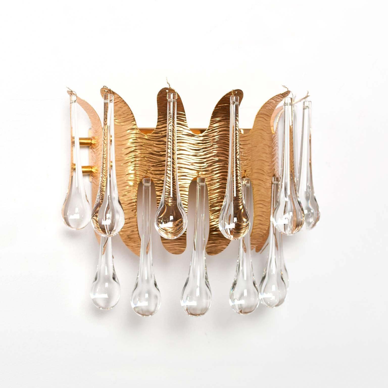 Ernst Palme for Palwa Mid-Century Modern Gilt Crown Sconces 2-Tier of Crystals In Excellent Condition For Sale In New York, NY
