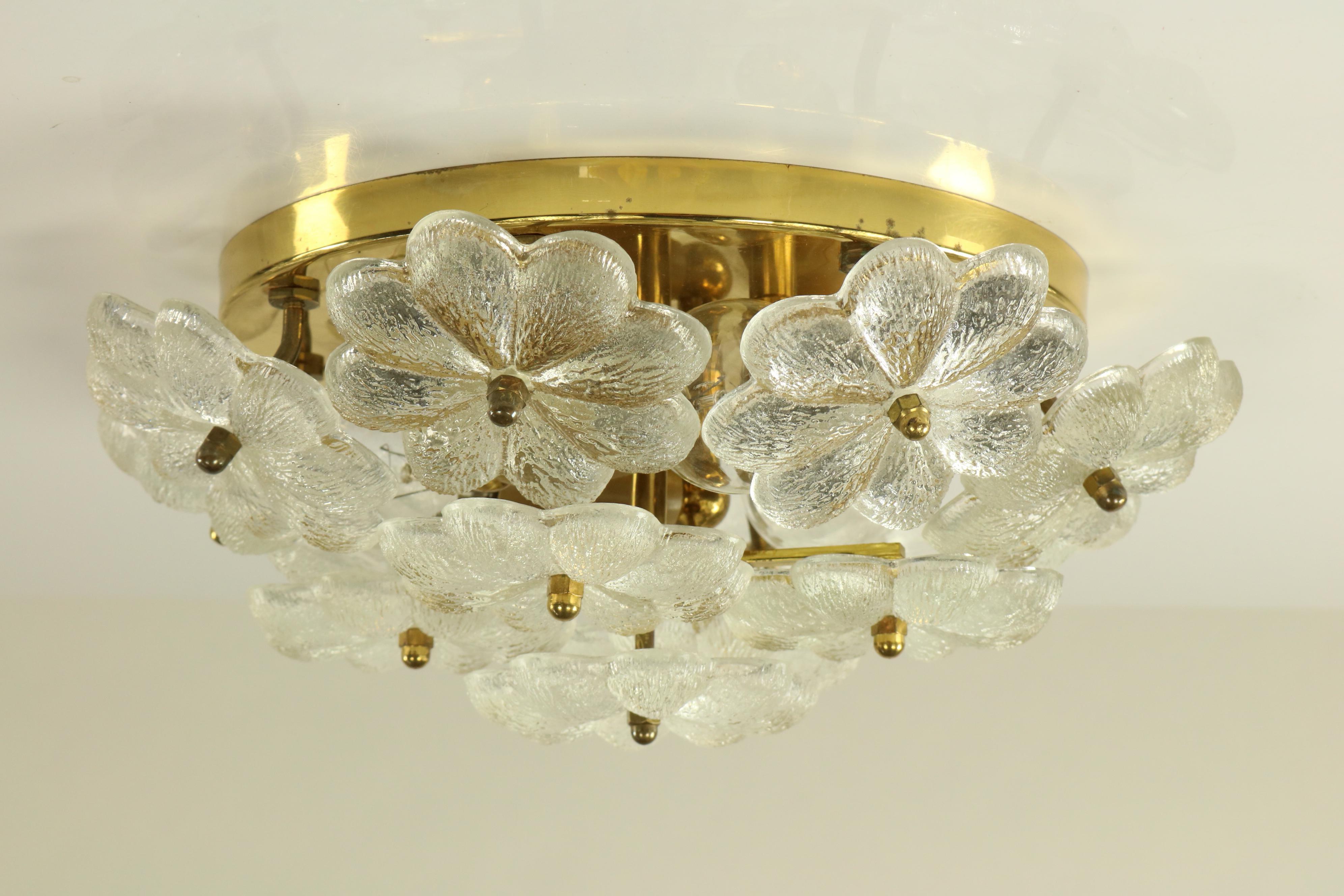 German Ernst Palme Glass and Brass Flower Blossom Flush Mount or Sconce Wall Lamp For Sale
