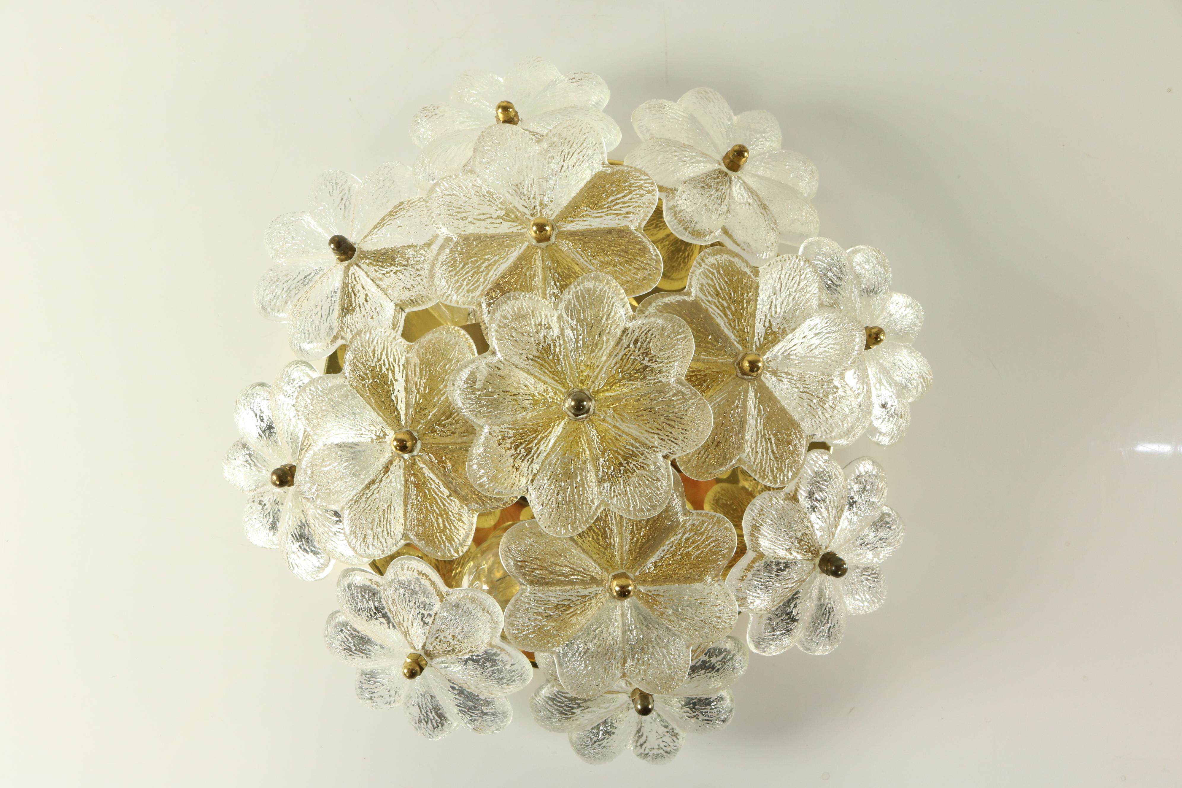 Mid-20th Century Ernst Palme Glass and Brass Flower Blossom Flush Mount or Sconce Wall Lamp For Sale