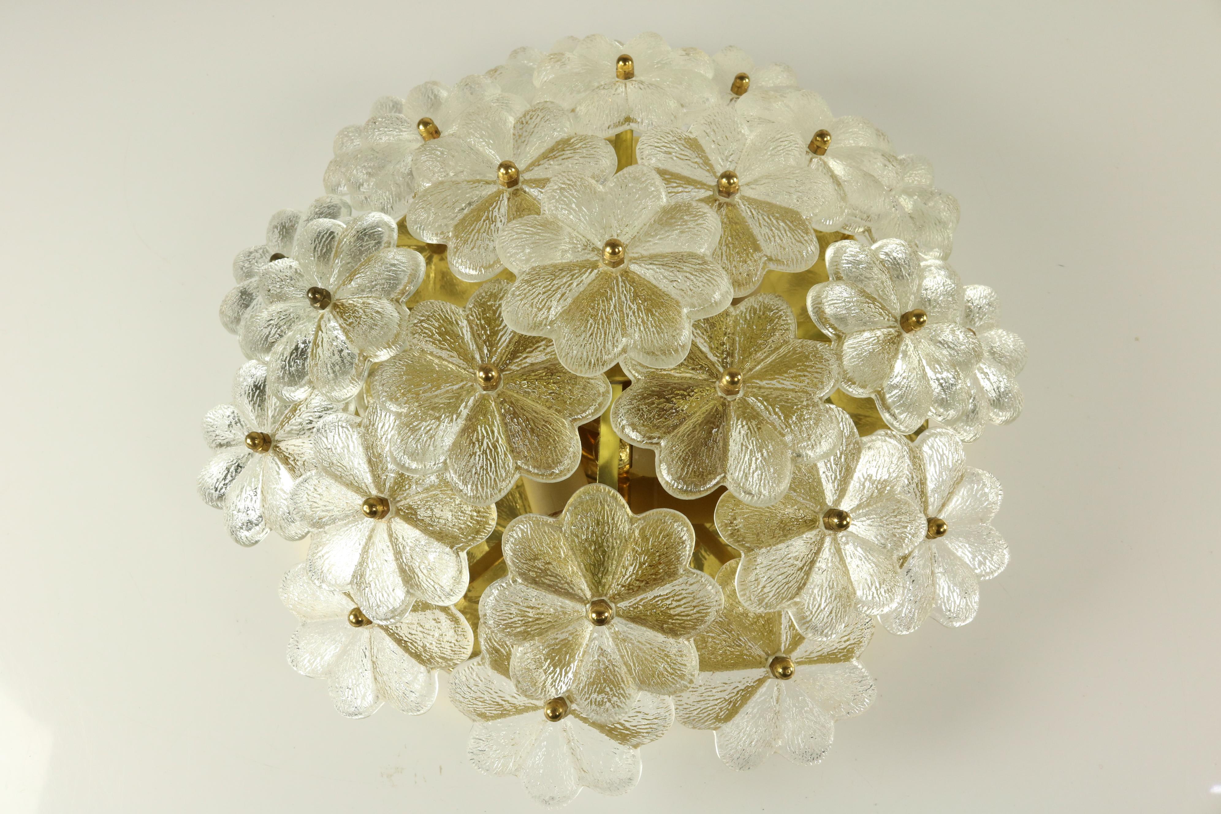 Mid-20th Century Ernst Palme Glass Flower and Brass Flush Mount Light ∅15'' Blossom Lamp 1960s For Sale