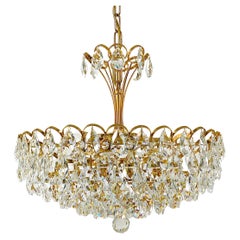 Lampadario in ottone dorato e cristalli di Ernst Palme Palwa Hollywood Regency, anni '70