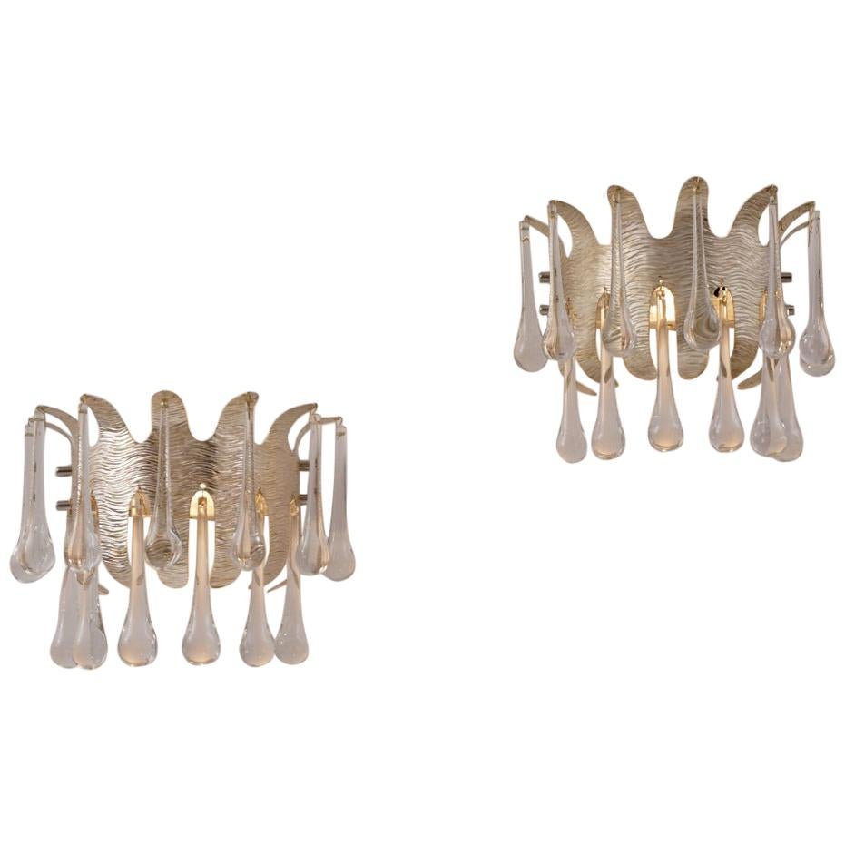 Ernst Palme Wall Lights for Palwa, a Pair Silver Plated & Crystal, 1960s, German For Sale