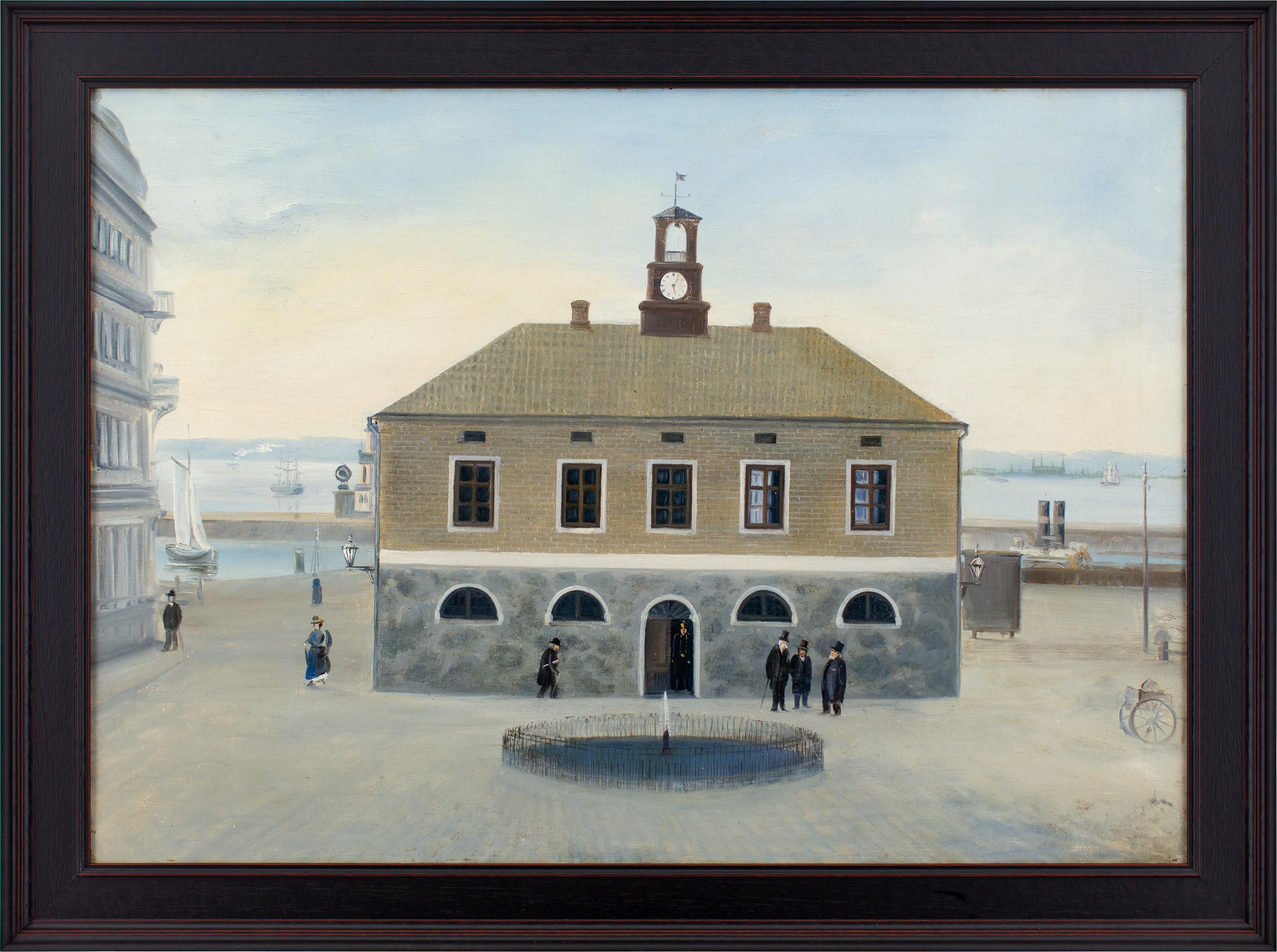 Dieses charmante Ölgemälde des schwedischen Künstlers Ernst Philip De Fine Licht (1855-1929) aus dem späten 19. Jahrhundert im Lowry-Stil zeigt das alte Rathaus von Helsingborg, Schweden. De Fine Licht war ein Lebensmittelhändler, der sich in seiner