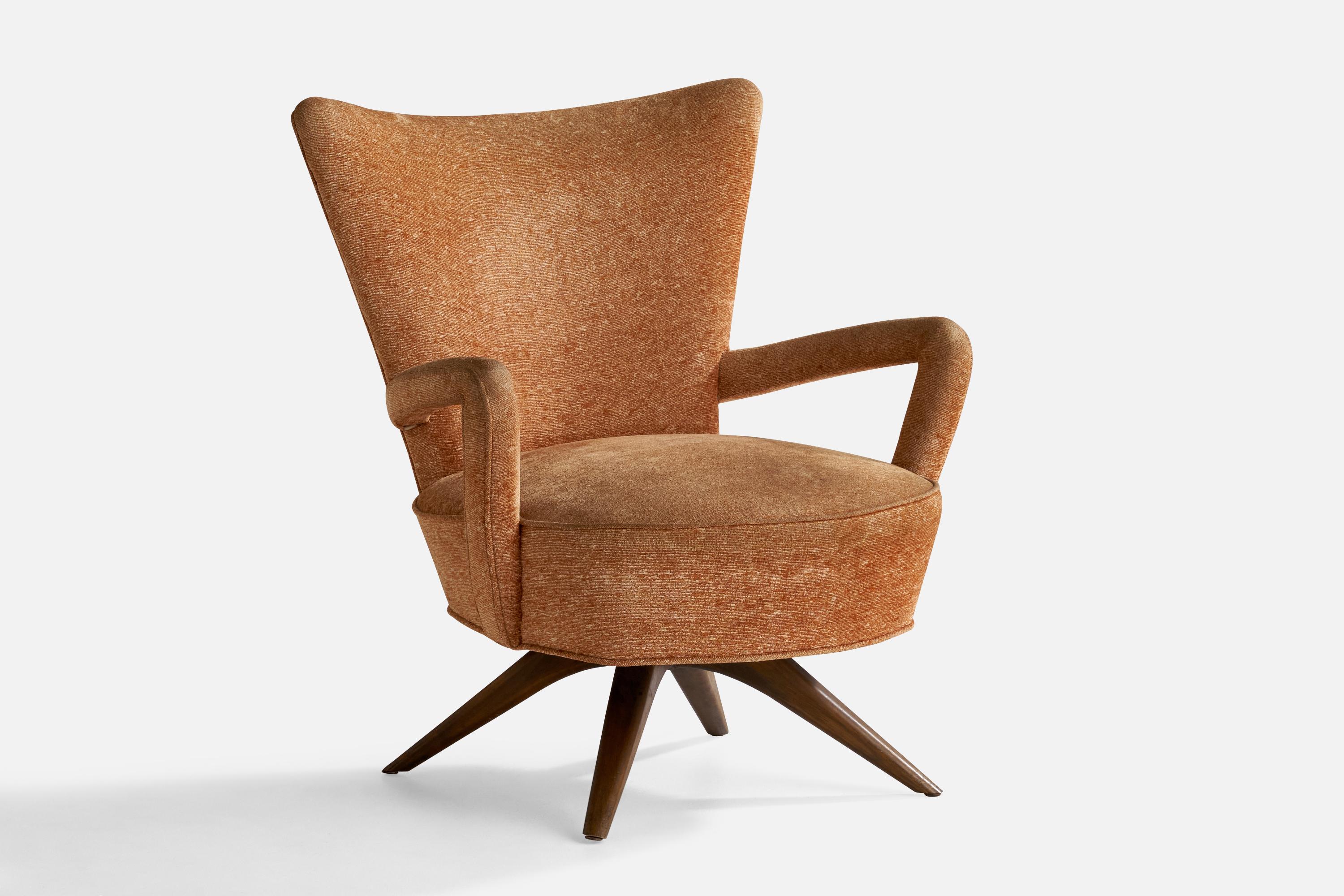 A walnut and beige fabric lounge chair designed and produced by Ernst Schwadron, USA, 1940s.

Seat height: 14.75”