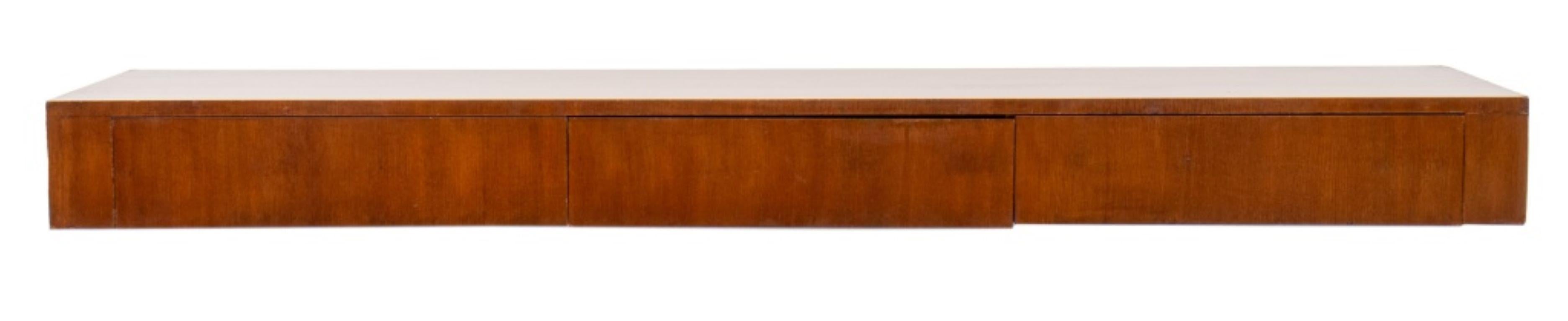 Ernst Schwadron (Austrian/American, 1896-1979)  Mid-Century Modern Mahogany Veneered Wall-Mounted Console Table, 1940s, the shaped rectangular console with incurved front and three flush drawers, opening to reveal fitted compartments for silver