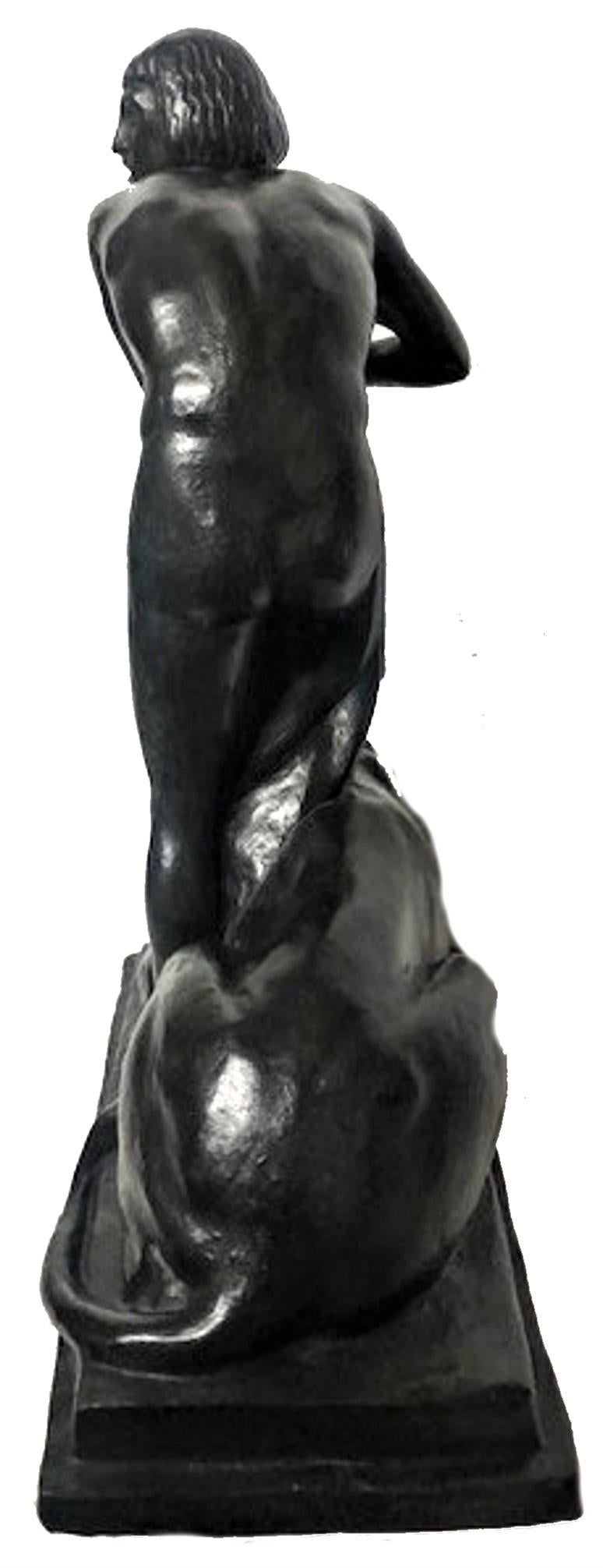 Ernst Seger, David and Lion, German Art Deco Patinated Bronze Sculpture, c. 1920 In Good Condition For Sale In New York, NY