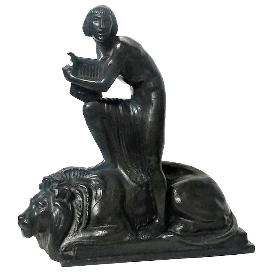 Ernst Seger, David et lion, sculpture allemande Art déco en bronze patiné, vers 1920