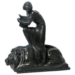 Ernst Seger, David and Lion, German Art Deco Patinated Bronze Sculpture, c. 1920