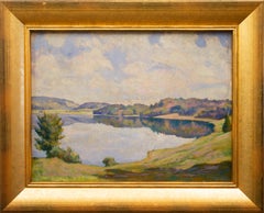 Lake View With Water Reflections by Swiss Artist Ernst Suter, Oil on Board, 1930