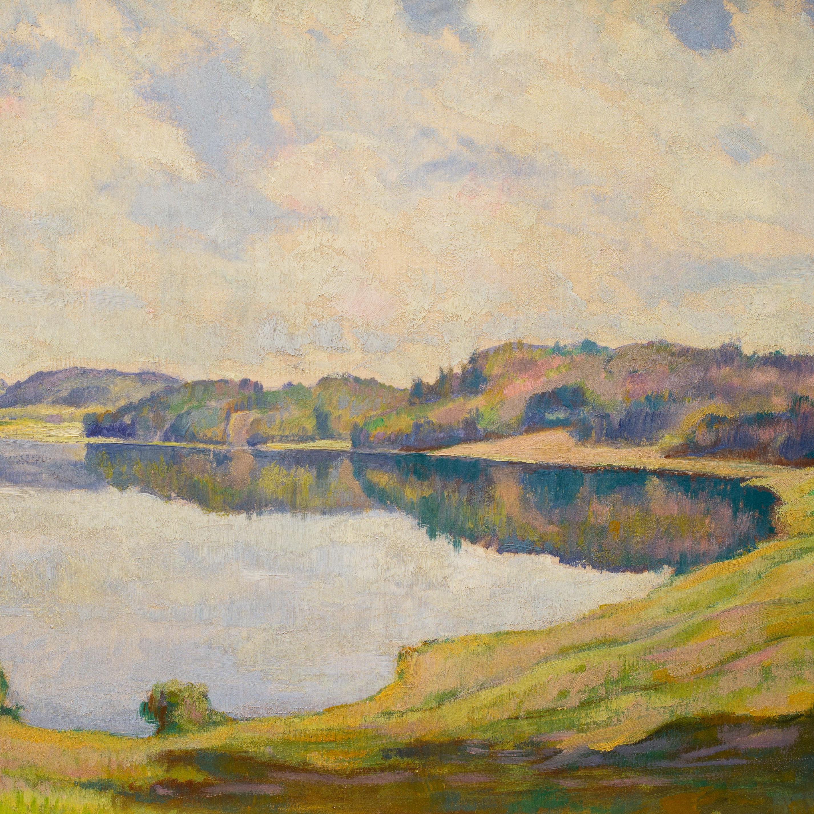 Lake View With Water Reflections by Swiss Artist Ernst Suter, Oil on Board, 1930 For Sale 1