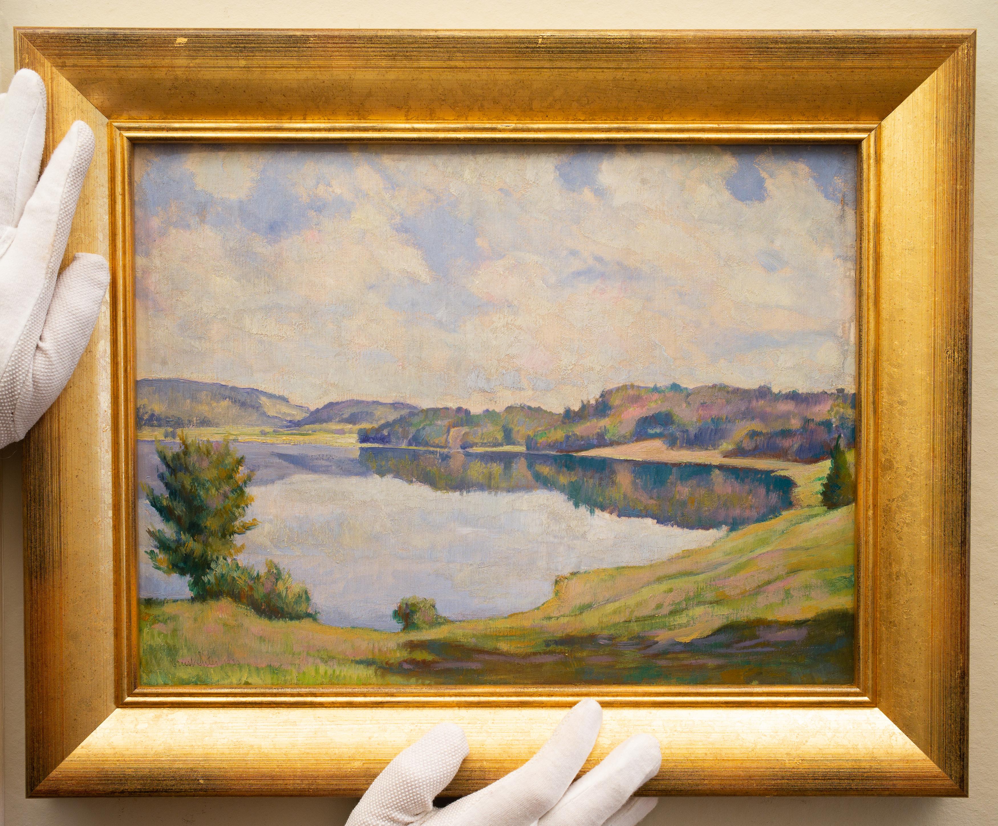 Lake View With Water Reflections by Swiss Artist Ernst Suter, Oil on Board, 1930 For Sale 3