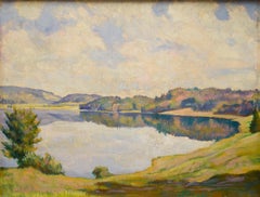 Lake View With Water Reflections by Swiss Artist Ernst Suter, Oil on Board, 1930
