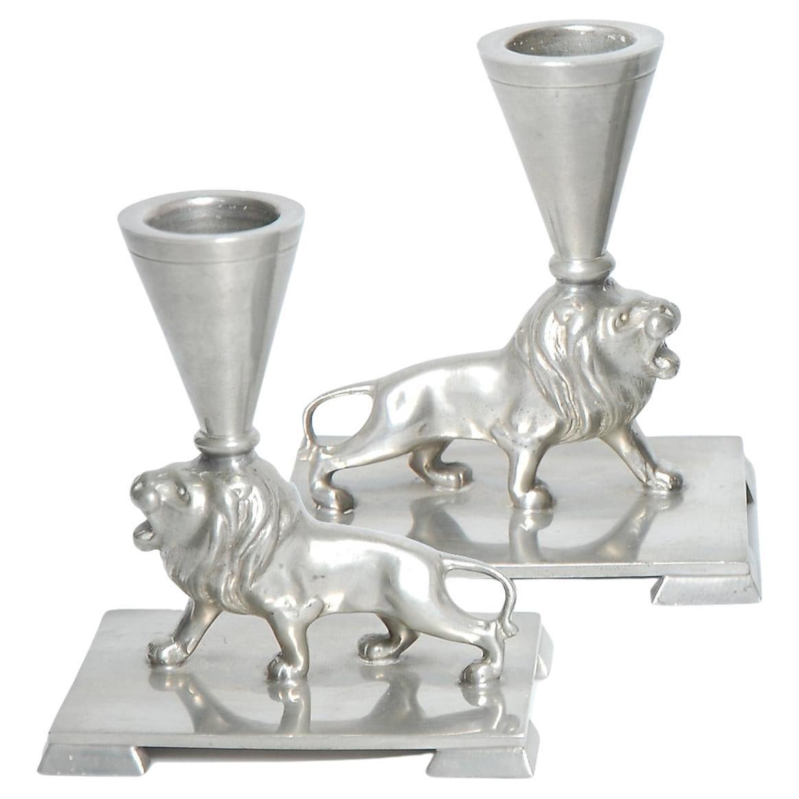 Ernst Svedbom pewter lions as candleholders made in Sweden 1932
