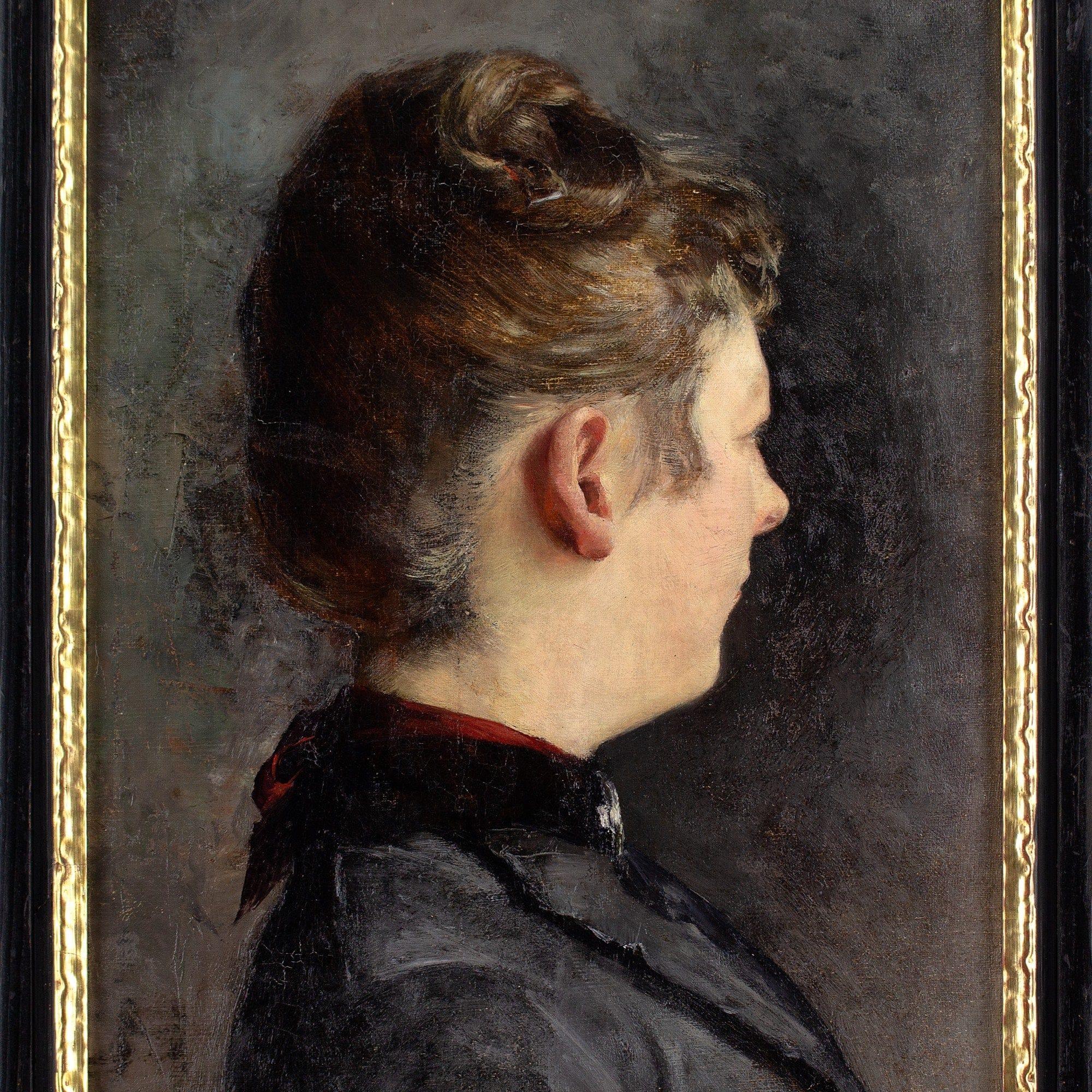 Ernst Theodor Krause, Ritratto di donna, pittura a olio antica 4