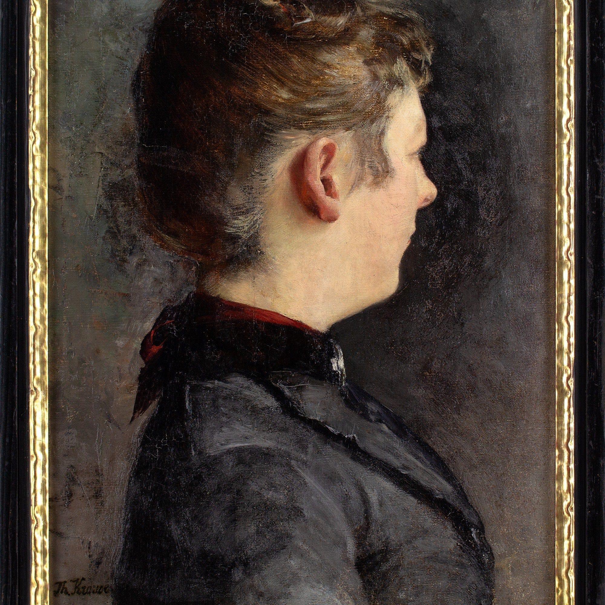 Ernst Theodor Krause, Ritratto di donna, pittura a olio antica 6