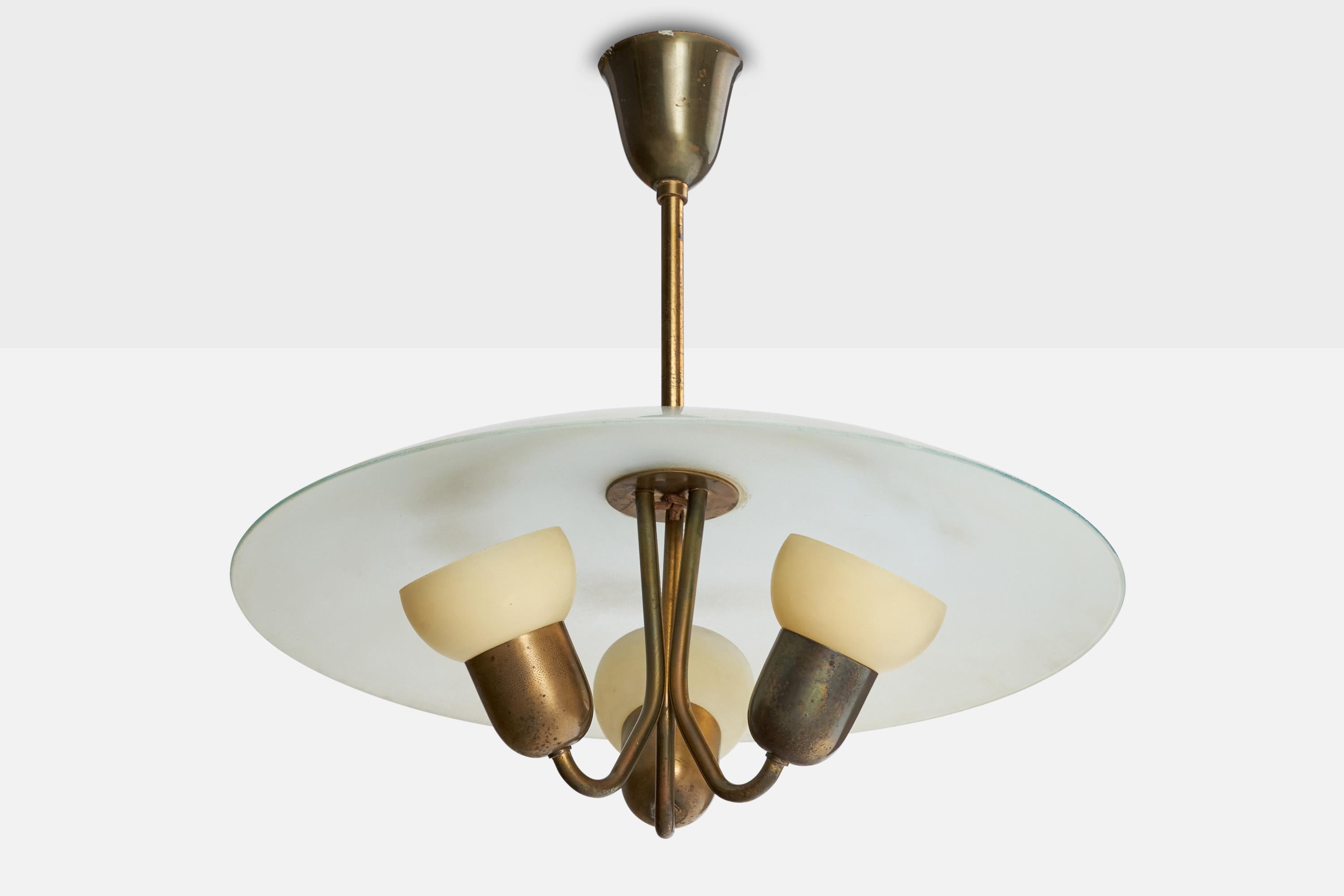 A brass, frosted and opaline glass chandelier designed and produced by Ernst Voss, Denmark, c. 1940s.

Overall Dimensions (inches): 17.75” H x  19” Diameter

Dimensions of Canopy:  3.25” H x 3.25” diameter 

Stem length: 6.75” H

Bulb