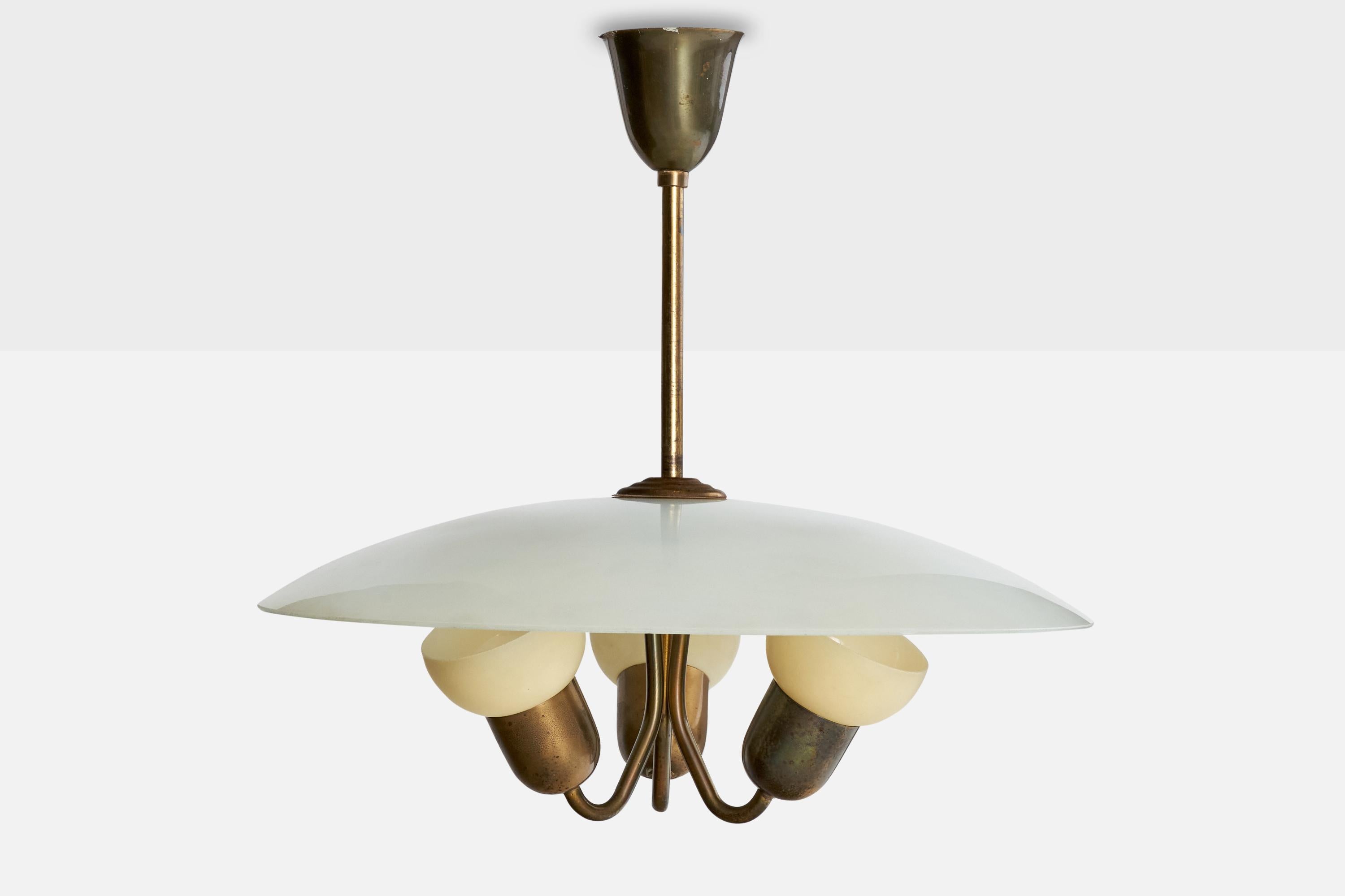 Scandinavian Modern Ernst Voss, Chandelier, Brass, Glass, Denmark, 1940s