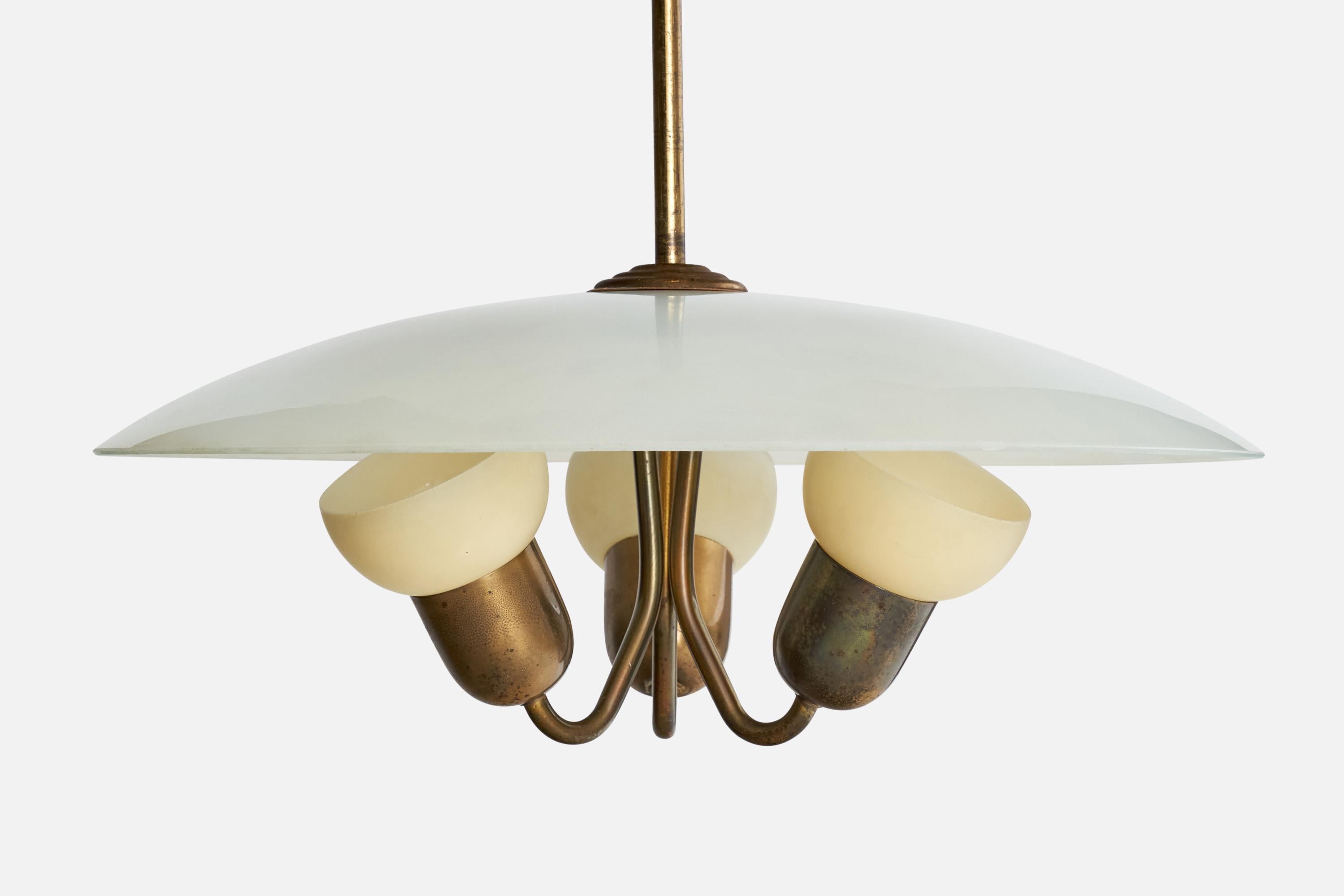 Danish Ernst Voss, Chandelier, Brass, Glass, Denmark, 1940s