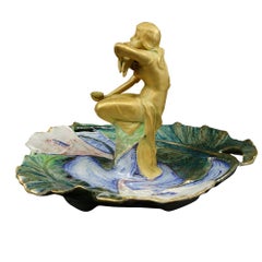 Ernst Wahliss Amphora Art Nouveau Blue Figural Tray with Maiden & Bird 1905