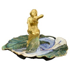Ernst Wahliss Amphora Art Nouveau Blue Figural Tray with Maiden & Bird 1905