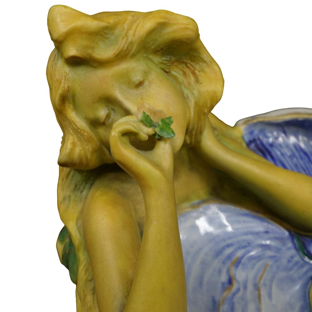 Molded Ernst Wahliss Art Nouveau Amphora Blue Figural Aquatic Tray w/ Nude Maiden 1905 For Sale