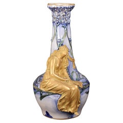 Antique Ernst Wahliss Art Nouveau Austria Blue Figural Reticulated Vase with Maiden 1905
