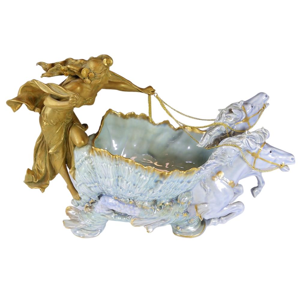 Austrian Ernst Wahliss Art Nouveau Blue Figural Seahorse Chariot with Nude Maiden 1905 For Sale
