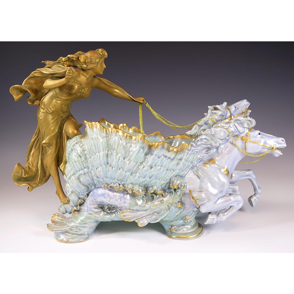 Early 20th Century Ernst Wahliss Art Nouveau Blue Figural Seahorse Chariot with Nude Maiden 1905 For Sale