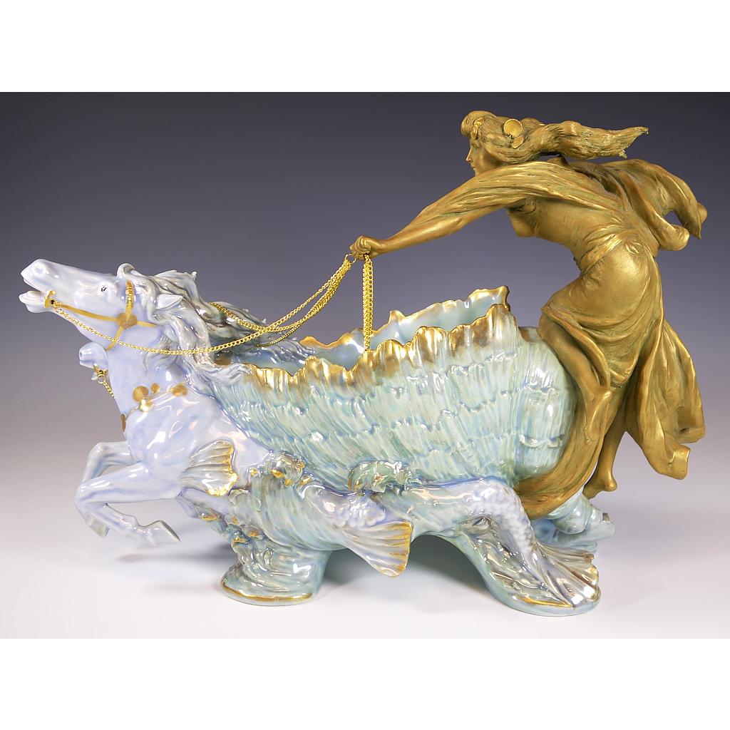 Porcelain Ernst Wahliss Art Nouveau Blue Figural Seahorse Chariot with Nude Maiden 1905 For Sale