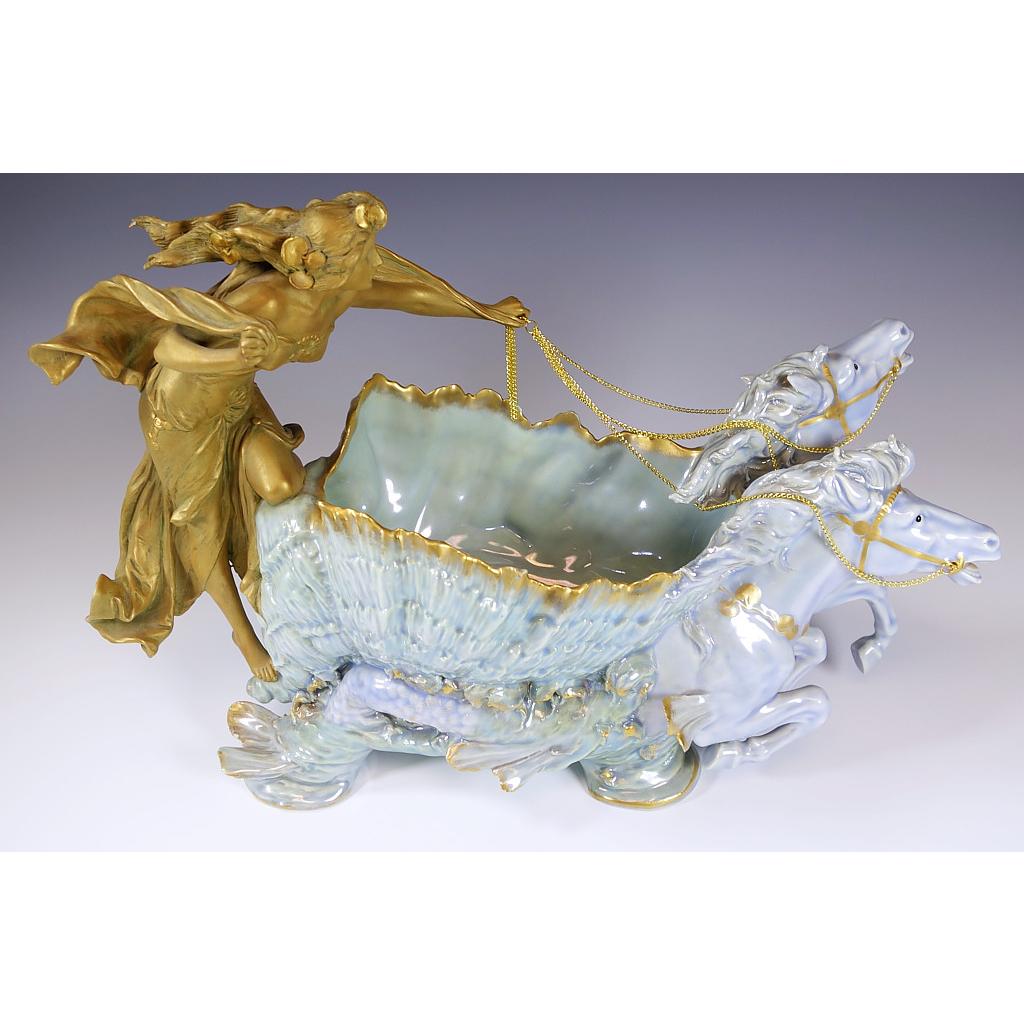 Ernst Wahliss Art Nouveau Blue Figural Seahorse Chariot with Nude Maiden 1905 For Sale 1