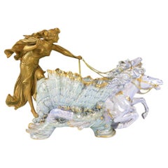 Antique Ernst Wahliss Art Nouveau Blue Figural Seahorse Chariot with Nude Maiden 1905