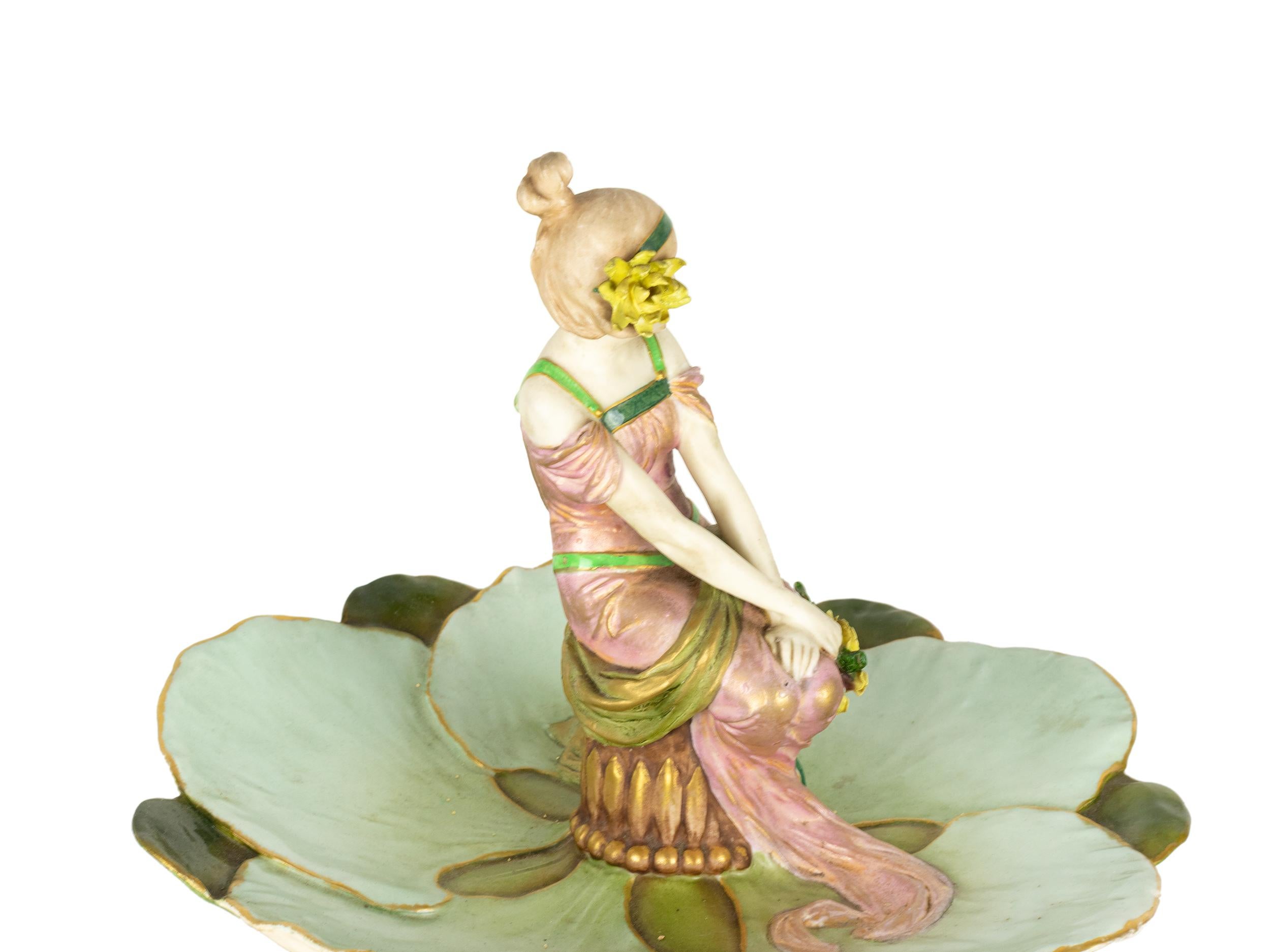 19th Century Ernst Wahliss Art Nouveau Teplitz Figural Tray Maiden & Lily Pads For Sale