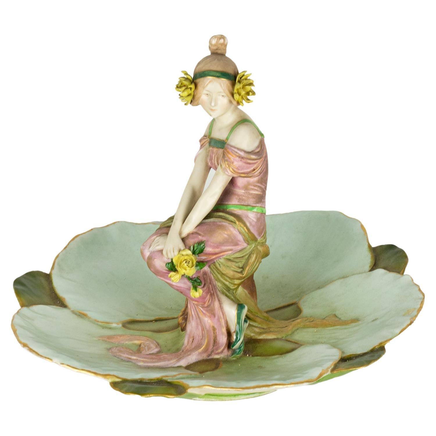 Ernst Wahliss Art Nouveau Teplitz Figural Tray Maiden & Lily Pads For Sale