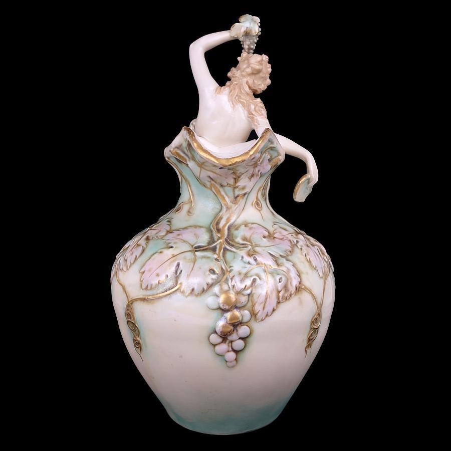 Austrian Ernst Wahliss Classical Porcelain Hand-Painted Figural Vase with Maiden & Grapes