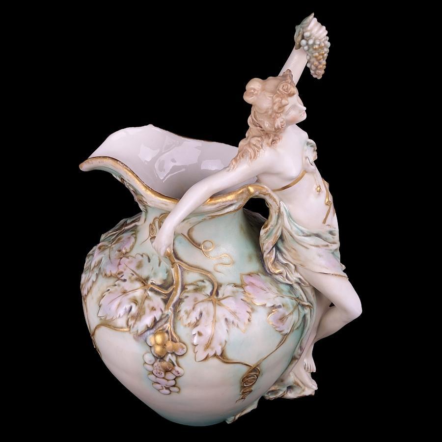 Molded Ernst Wahliss Classical Porcelain Hand-Painted Figural Vase with Maiden & Grapes