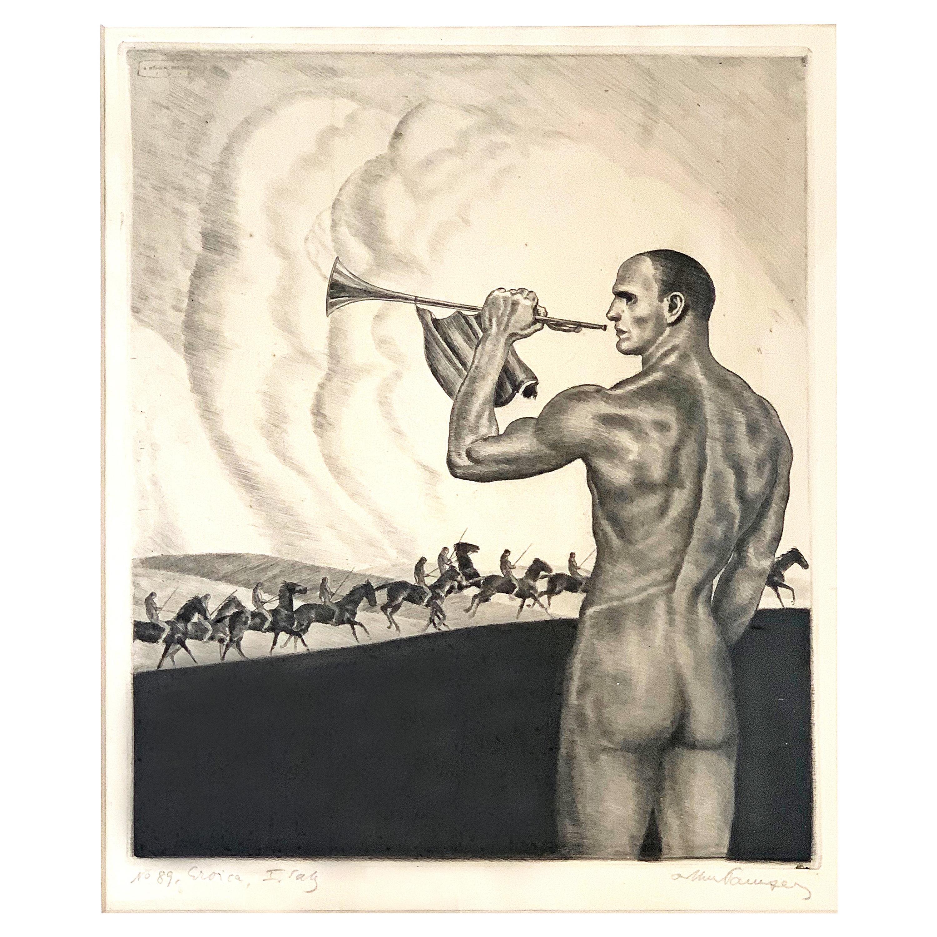"Eroica, " Rare Print with Nude Male and Beethoven Reference, World War I Era