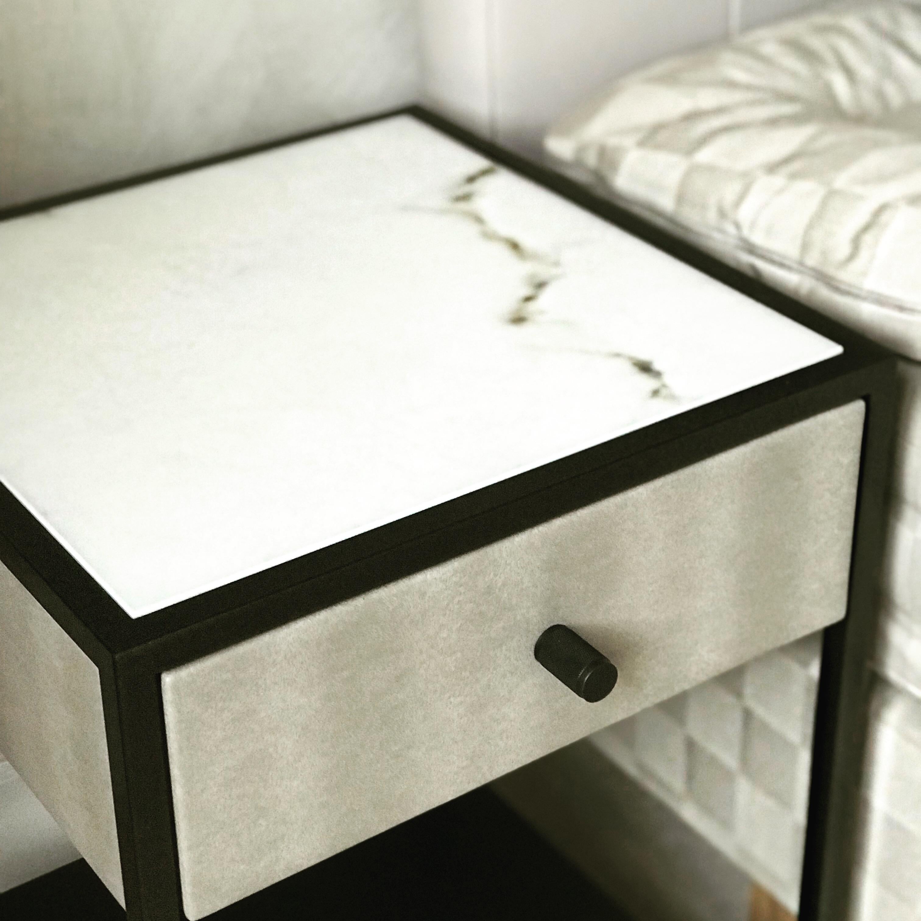 British Eros Bedside Table Marblo Surface, Ultraleather and Dark Bronze Powder Coated For Sale