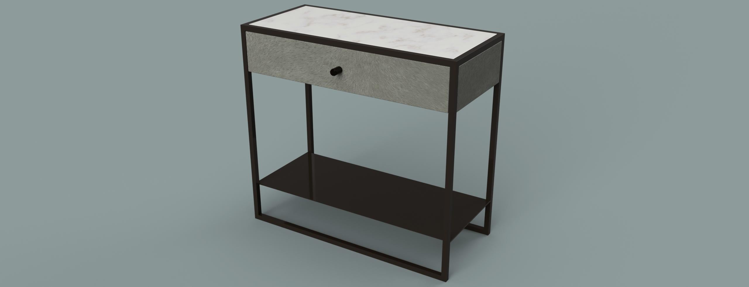 Modern Eros Bedside Table with drawer Marble Surface, Ultraleather, Powder Coated Steel For Sale