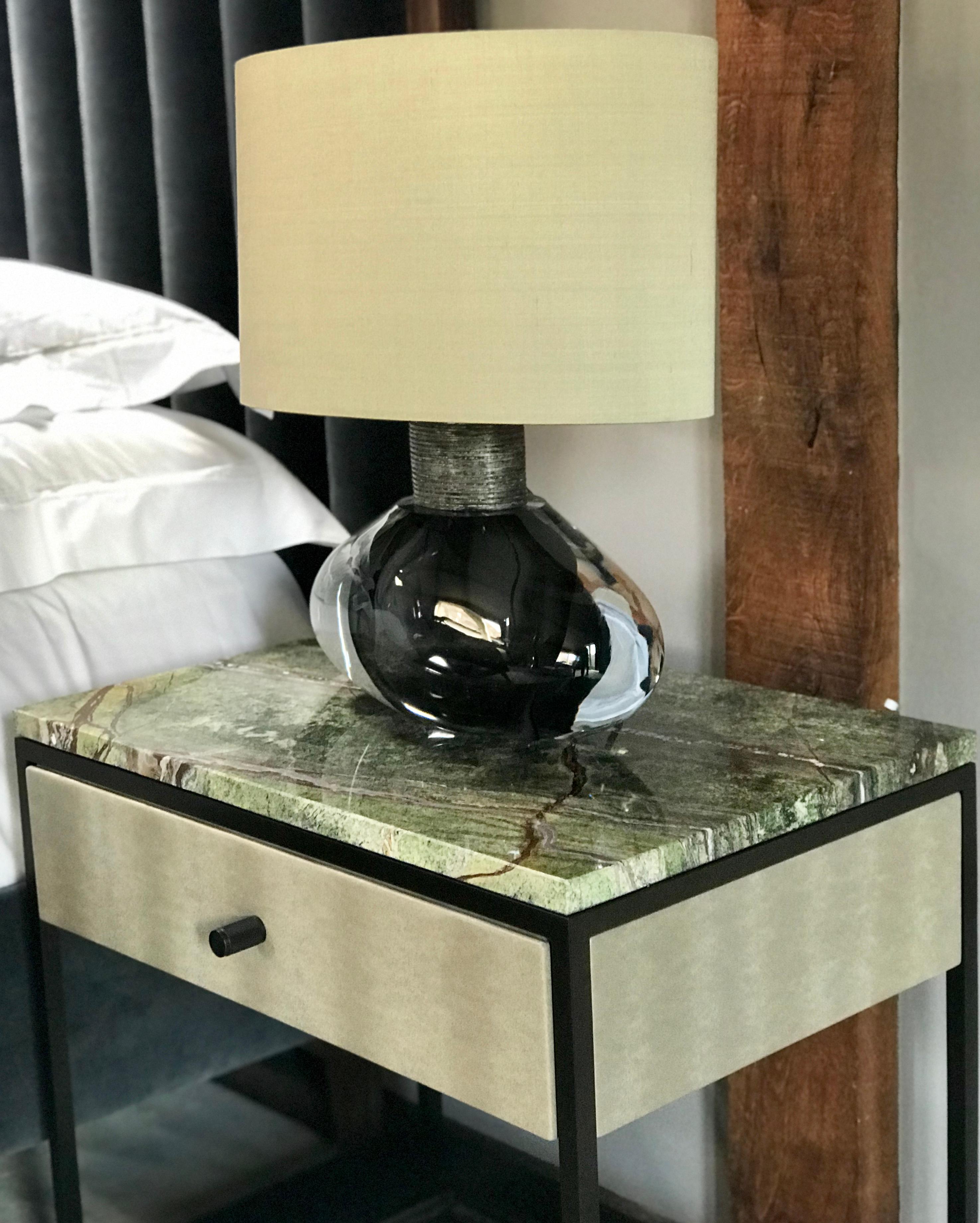 Polished Eros Bedside Table with drawer Marble Surface, Ultraleather, Powder Coated Steel For Sale