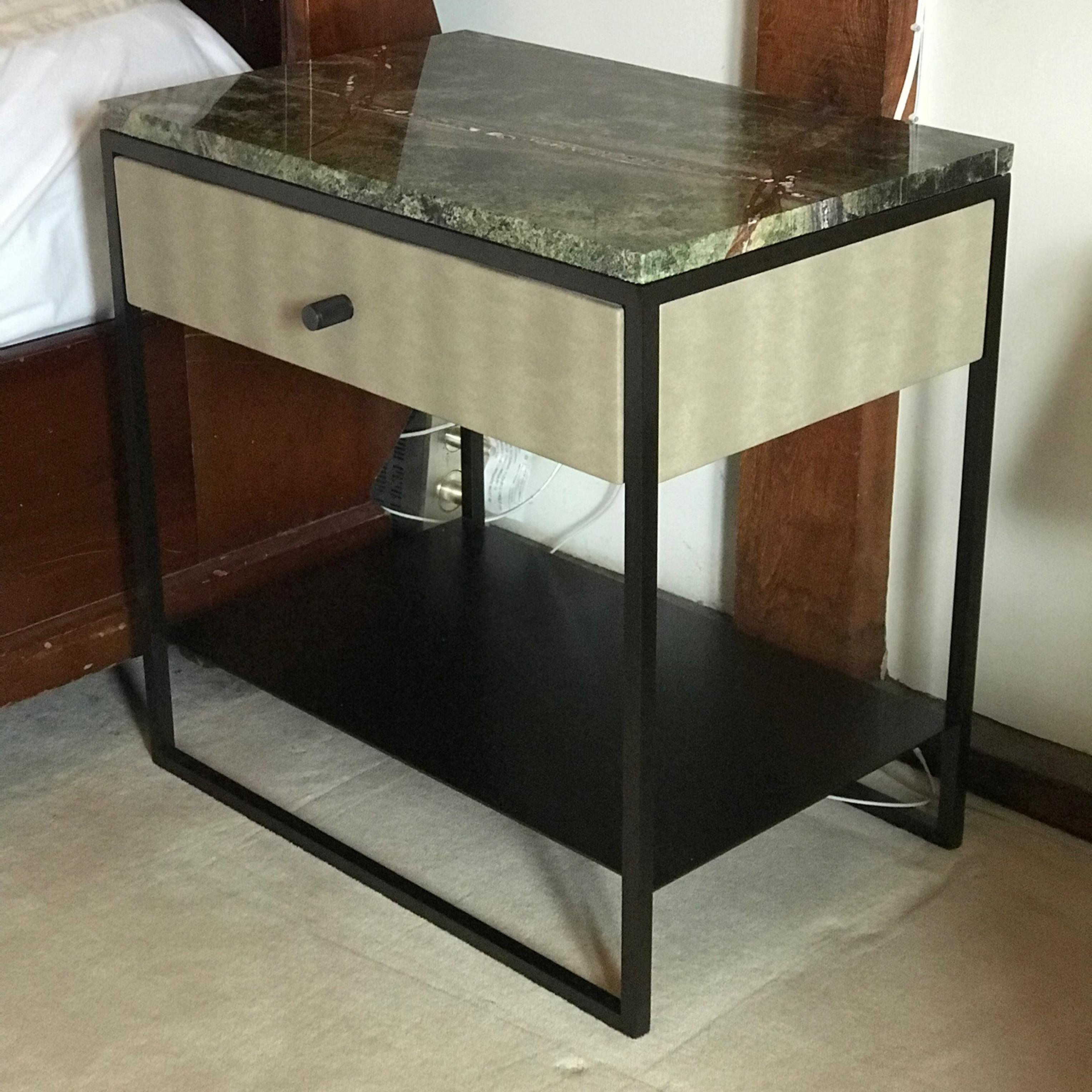 Polished Eros Bedside Table with drawer Marble Surface, Ultraleather, Powder Coated Steel For Sale