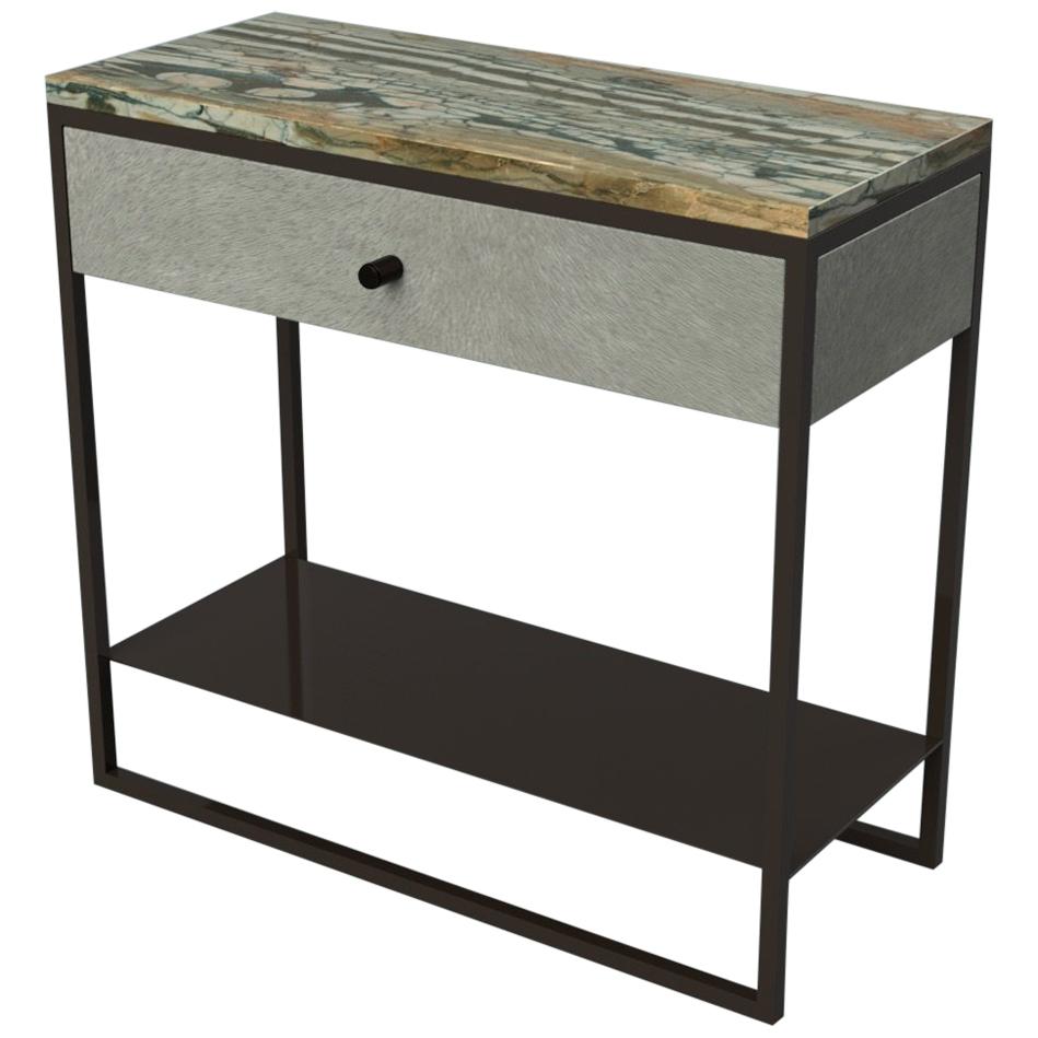 Table de chevet Eros avec plateau en marbre à tiroir, Ultraleather, acier revêtu de poudre