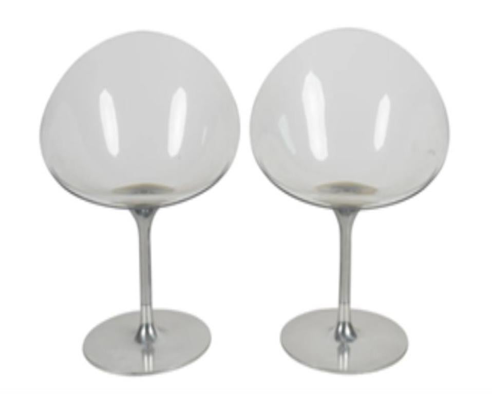 Each signed to base; clear acrylic and chromed metal; Condition: scratches to seats. Seat height- 18
