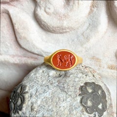 EROS CROWNING ROOSTER Ancient Roman Carnelian Intaglio 18Kt Gold Ring