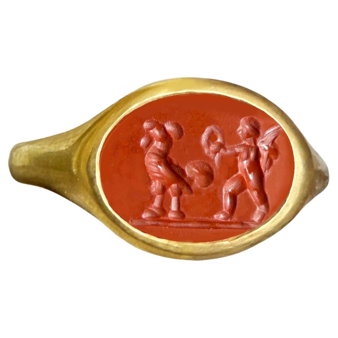 EROS CROWNING ROOSTER Antiker römischer Karneol Intaglio 18Kt Gold Ring